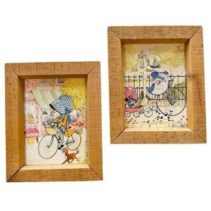 Holly Hobbie Wood Framed Pictures Wall Hangings Set Of 2 Prairie 70s Vintage GUC